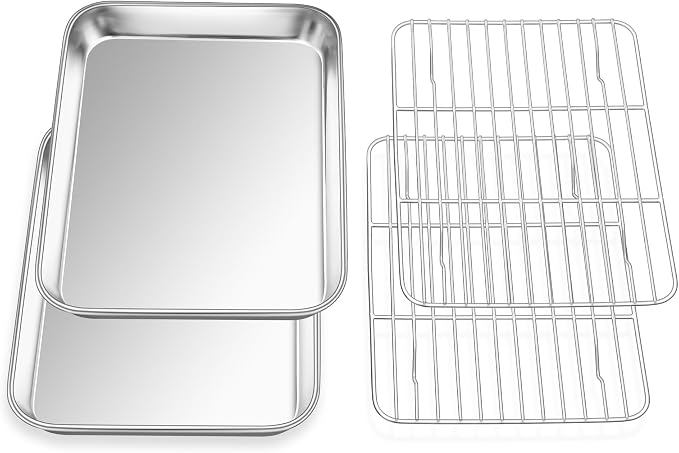 E-far 1/8 Baking Sheet with Wire Rack, Stainless Steel 2 Pans + 2 Racks | 9.4 x 7.3 Inch Cookie Sheets Trays & Cooling Rack for Toaster Oven, Non Toxic & Warp Resistant, Oven & Dishwasher Safe