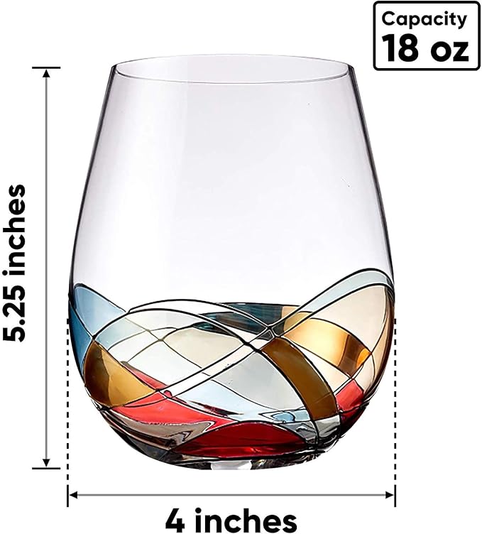 Bezrat Stemless Wine Glasses Set of Two | Hand Painted Large Premium Red and White Wine glasses | Lead-Free Crystal | Essential Wine Gift | 18 Ounces (Blue)
