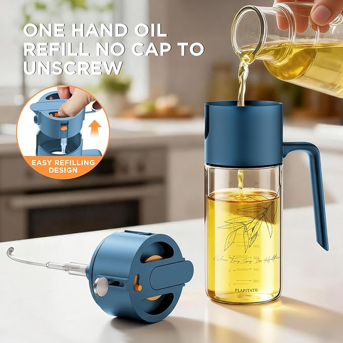 PLAPITATE 17oz/500ml Premium Olive Oil Sprayer for Cooking, 2 in 1 Glass Olive Oil Dispenser Bottle for Kitchen Gadgets, Spray Bottle with Portion Control for Salad, Frying, BBQ (Blue)