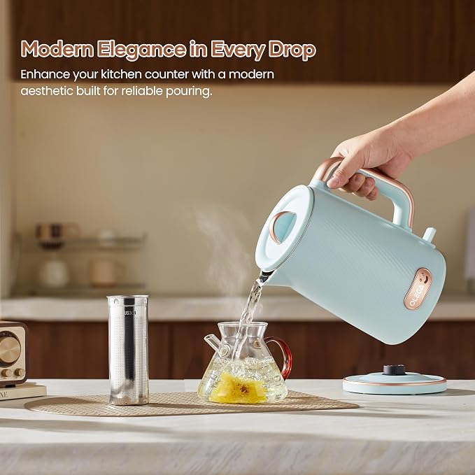 OLEGA Electric Kettle: 1200W Fast Boil Tea Kettles with Tea Infuser 1.5L | Stainless Steel Kettle; Electric Water Kettle with Strainer; Plastic Free Teapot; Auto Shut-Off Water Boiler