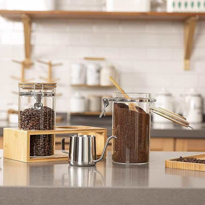 Coffee Container with Shelf: 2P 45OZ Glass Airtight Coffee Holder | Large Capacity Coffee Canister w/Wooden Scoop - Kitchen Food Storage Jar for Ground Coffee/Tea/Sugar/Cereal/Nuts/Coffee Bar