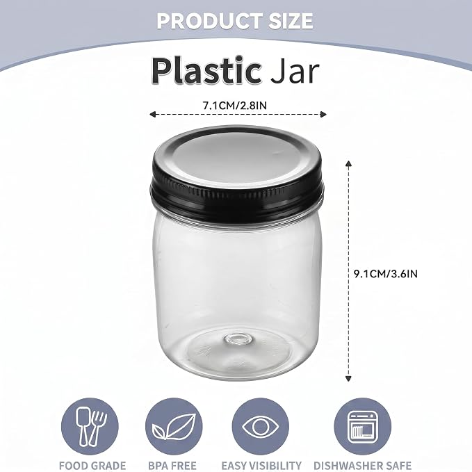 novelinks 8 oz Plastic Mason Jars and Clear Plastic Jars with Lids 8 oz | 24 Pack, Black, Plastic Containers with Lids, Small Mason Jars, Clear Jars Bulk, Spice Jars, Slime Jars, Mini Jars