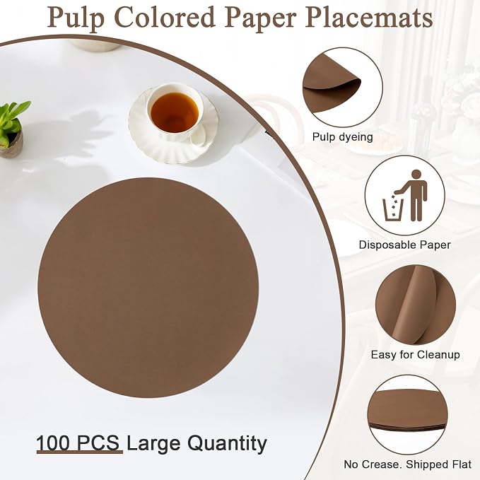 SHACOS 100 pcs Round Paper Placemats Disposable 13 inch Colored Paper Decorative Place Mats for Wedding Birthday Party Bridal Baby Shower Events Table Decoration, Brown