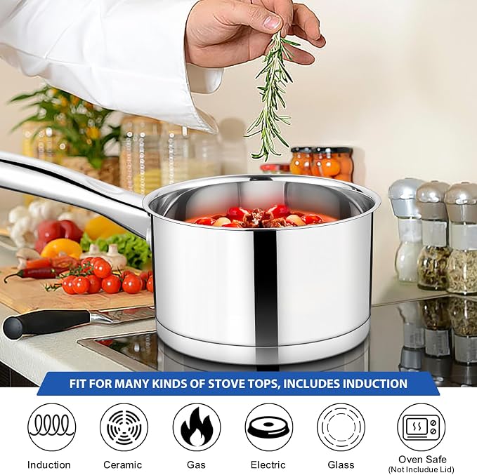 TeamFar 3 qt Saucepan, Stainless Steel Small Sauce Milk Pan with Lid | with Tri-ply Bottom for Cooking/Boiling/Stewing, For Induction/Gas/Electric, Non-Toxic & Heavy Duty, Dishwasher Safe