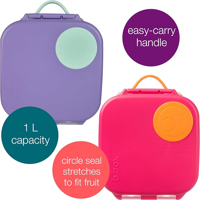 b.box Mini Lunch Box 2-Pack, Snack Containers for Kids, Lunch Box Kids | Bento Box for Kids, Snack Box Lunch Containers, Leakproof, Dishwasher Safe, PFAS + BPA Free, Ages 3+ — Strawberry + Lilac