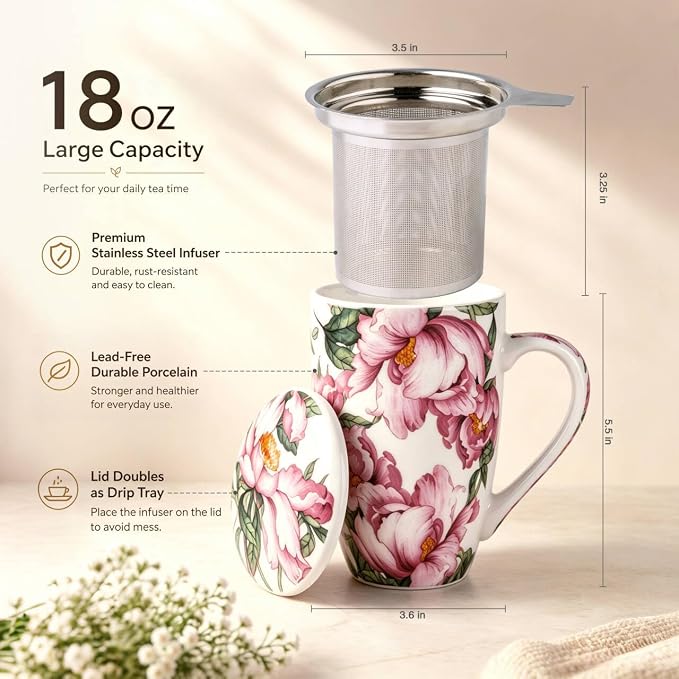AmorArc Tea Cup With Infuser and Lid, 18oz Loose Leaf Tea Mug With Steeper | Porcelain Tea Mug With Infuser and Lid, Strainer Tea Cup for Tea Lovers, Home & Office, Housewarming Birthday Gift