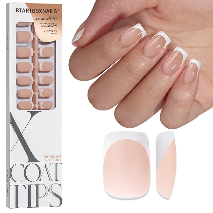 BTArtboxnails XCOATTIPS White French Tip Press On Nails, S Square, Nude | Lamp-Curable 4-Week Wear, Salon Quality Value at Home, Natural Nail Look, Easy-to-Apply for Beginners, 160ct Nail Tips Only