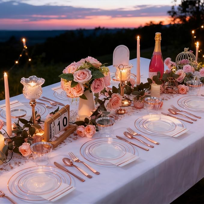 GATHER 350PCS Clear Rose Gold Plastic Plates for Wedding and Party | Rose Gold Disposable Dinnerware include 100 Plastic Plates, 150 Silverware, 50 Napkins, 50 Cups for Baby Shower Bithday