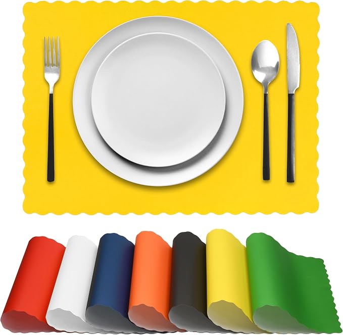 Paper Placemats for Dining Table – Disposable Scalloped Edges Color Table Mats Great for Parties and Christmas Table Decorations 10"x14" (Yellow) 50ct