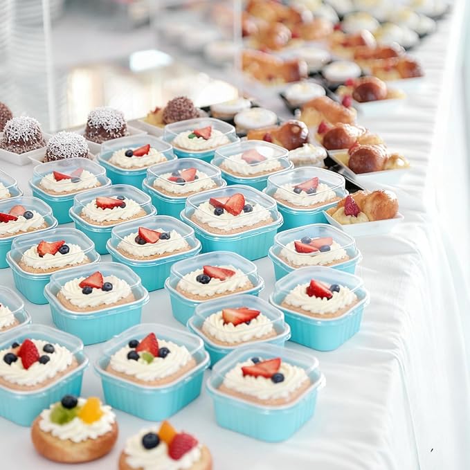 100 Pack 10oz Mini Cake Pans With Lids, Aluminum Foil Square Brownie Baking Cups,Disposable 4”x4” Large Cupcake Pan,Jumbo Muffin Tin Ramekins Holders (Light Blue)