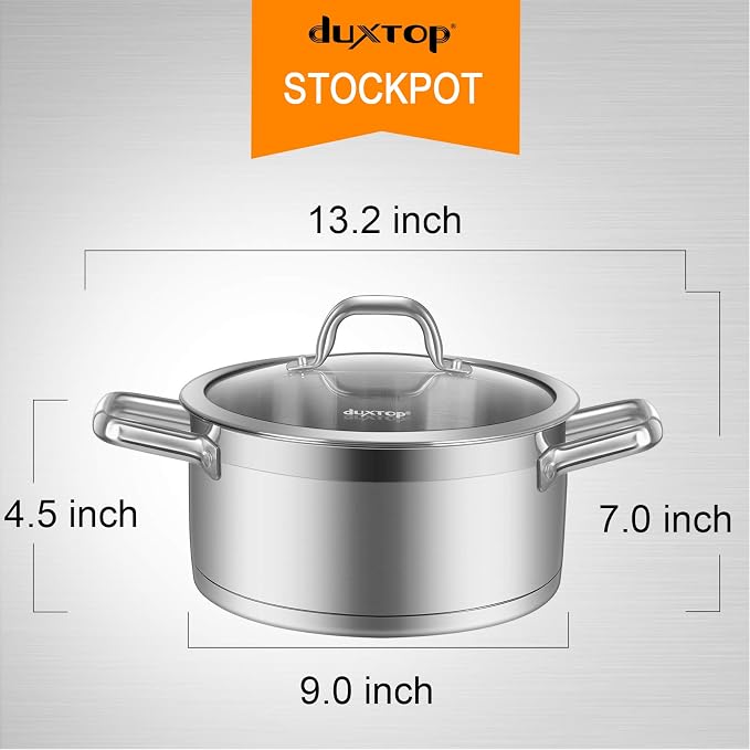Duxtop Stainless Steel Stock Pot with Lid, 4.2 Qt Induction Cooking Pot | Stockpot with Stay-Cool Handle, Impact-Bonded Base for Even Heating