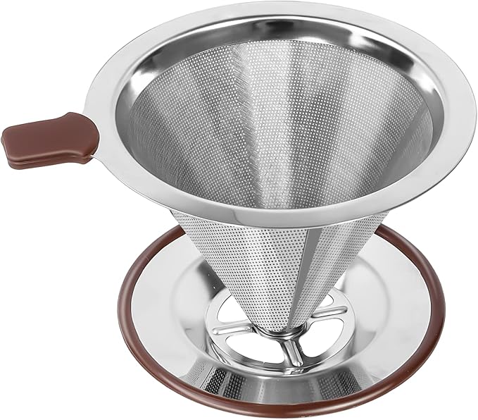 Pour Over Coffee Dripper, Reusable 304 Stainless Steel Filter for 1-4 Cup | Dual 304 stainless micro mesh, silicone heat handle, anti-slip stand, paperless reusable, easy clean for travel camping