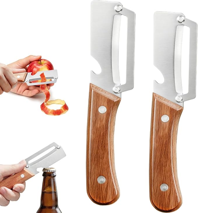 2-Pack Vegetable Peeler with Bottle Opener, Heavy-Duty Thick Stainless Steel Blade, Durable Kitchen Peeler with Wooden Handle for Potatoes, Carrots & Fruits