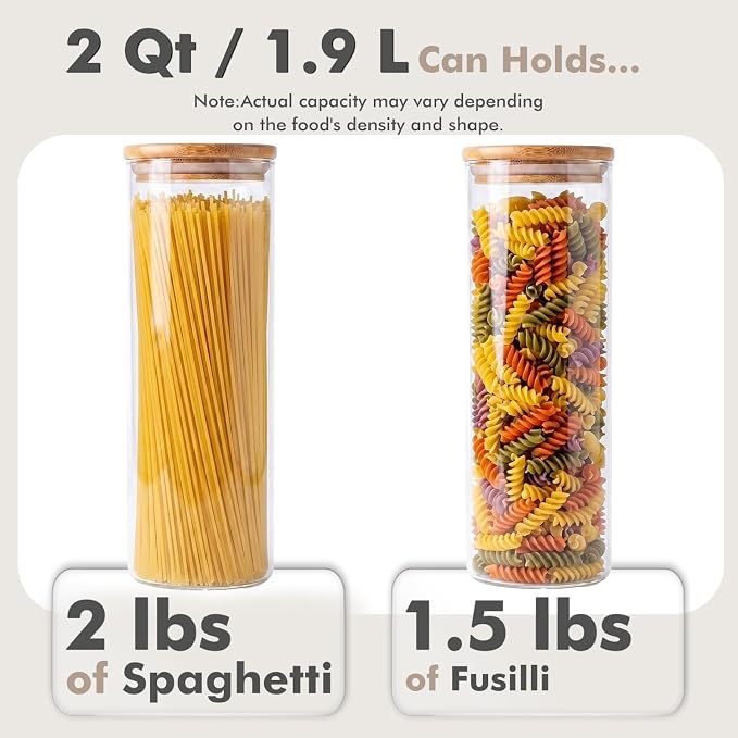 3-Pack 2Qt Round Glass Spaghetti Jars with Bamboo Lids | Minimalist Kitchen Organizer,Scandinavian Style Storage,Nordic Style Storage,Food Storage Canister for Pasta, Penne, Macaroni