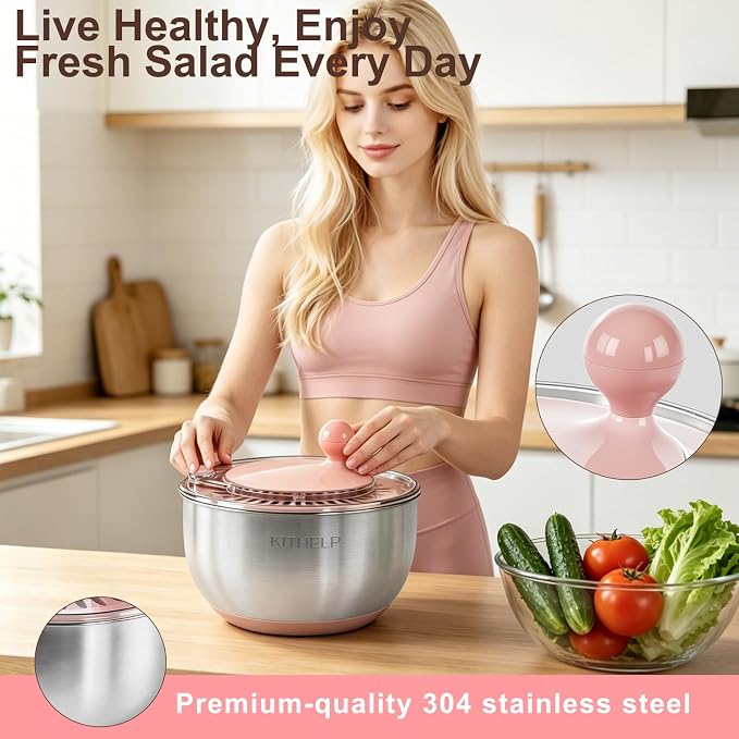 Stainless Steel Salad Spinner Large, Vegetables Fruits Wash Bowl with Strainer, Lettuce Spinner Dryer with Lid and 5 Blades Slicer, Egg Yolk Strainer, Shredder for Efficient Salad Preparation 5.3Qt
