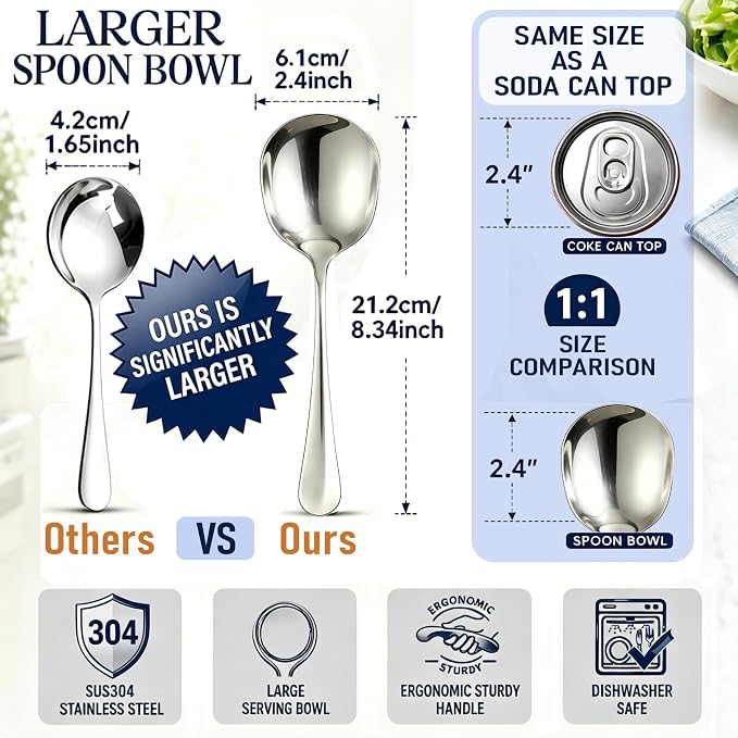 6-piece Serving Spoons, 18/8 stainless steel, Large Buffet Serving Spoon, 2 Slotted Spoons & 4 Solid Spoons, Heavy Duty 304 Stainless Steel Tabletop Flatware Utensil for Banquet, Cooking, and Kitchen