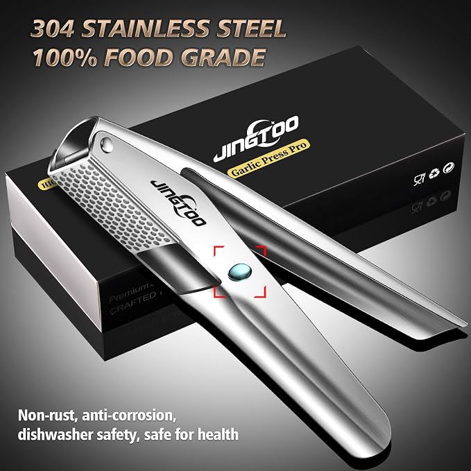 Garlic Press Stainless Steel, Premium Garlic Mincer No Need to Peel | Garlic Crusher & Ginger Masher, Large Trough, Ergonomic Handle, Easy Squeeze, Rust Proof, Dishwasher Safe, 5 Years Warranty