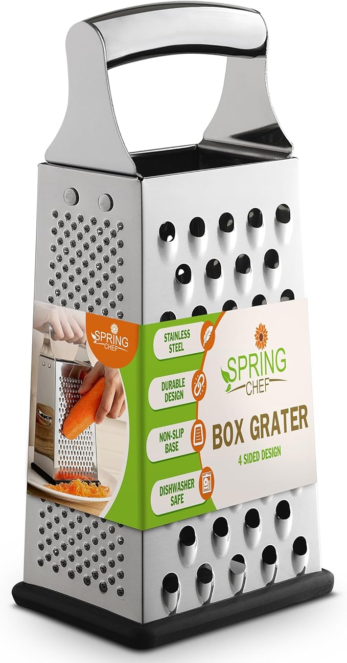Spring Chef Stainless Steel Cheese Grater, Large Box Grater for Kitchen | 4 Sided Handheld Vegetable Shredder, Kitchen Food Grater for Cheese, Potato, Carrot, Ginger, Veggie, Dishwasher Safe