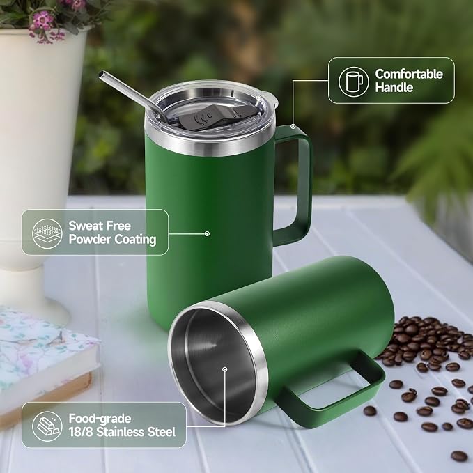 Volhoply 22oz Insulated Stainless Steel Coffee Mugs with Leakproof Lid Bulk 2 Pack,Double Wall Vacuum Travel Coffee Cup with Handle,Reusable Metal Tumbler,Camping Mug Keep Hot&Cold(Army Green,2)