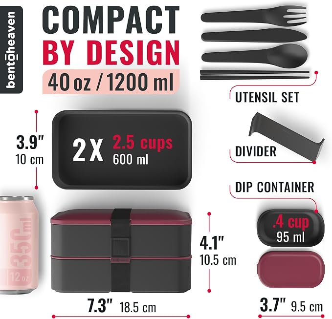 Bentoheaven Bento Box Adult, Stackable Lunch Box, 40 oz, Very Berry | BPA-free, leakproof and microwave-safe with 2 compartments, utensils, chopsticks, divider and sauce cup for men and women.