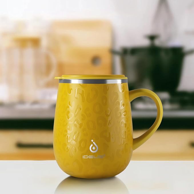 Ideus 16 oz Insulated Coffee Mug with Handle and Lid, Double Wall Stainless Steel Vacuum Thermal Coffee Mug, Travel Coffee Cup Thermal Cup for Home and Office, Leopard Yellow