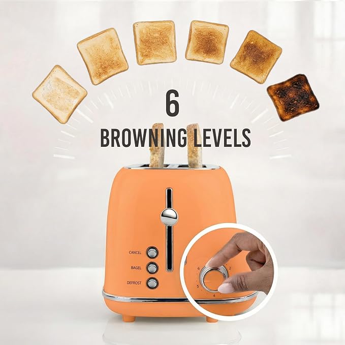 Nostalgia Classic Retro 2-Slice Toaster- Vintage Design- Enamel Coated Steel Body- Wide Slots for all Breads- Crumb Tray, Cord Storage- Defrost,Cancel and Bagel Function & 6 Toasting Levels- Orange