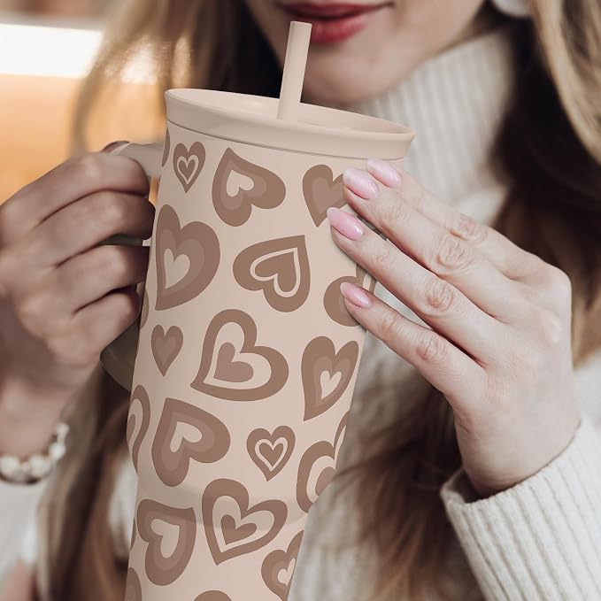 SANDJEST Heart Tumbler with Handle and Straw 40oz – Stainless Sleel Slider Tumbler Travel Coffee Mug for Women - Gift Idea for Birthday Christmas Valentine's Day