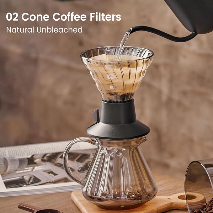 Clinuse 200Pcs Cone Coffee Filters #2, Unbleached No Blowout Paper Filters | Disposable Natural Wood Pulp Coffee Filter 2-6 Cup, Premium Size 02 Filters Compatible with Pour Over and Drip Coffee Maker