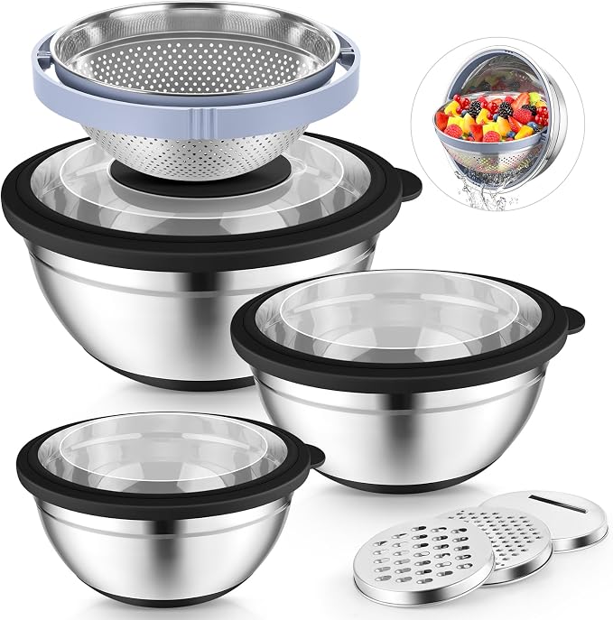 P&P CHEF Mixing Bowls with Lids, Metal Mixing Bowl with Colander, Black | 3 PCS Stainless Steel nesting bowls for Prepping, Storing, Colander for Draining, 3 Grater Attachments & Non-Slip Bottoms