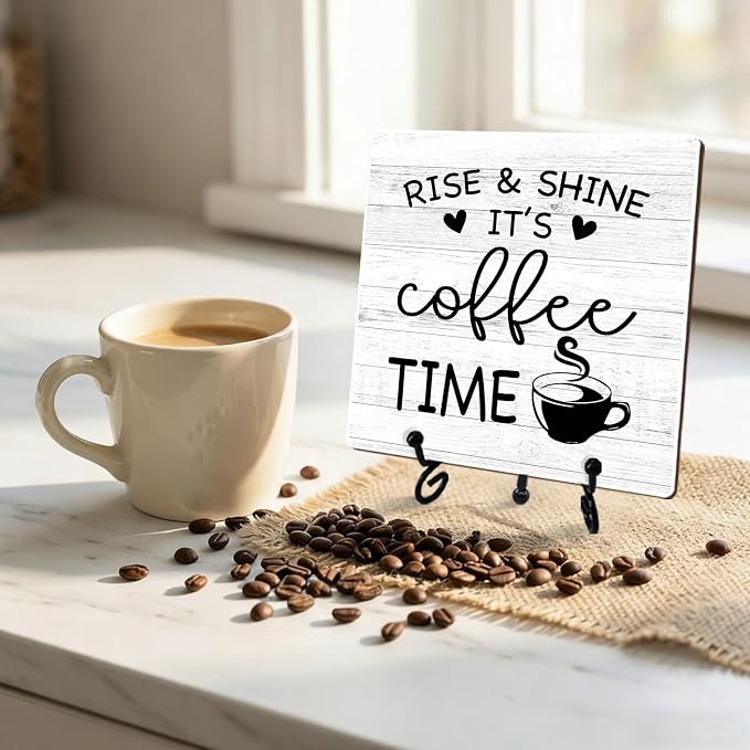 Minimalism Coffee Bar Decor, 5"x5" Coffee Bar Sign | Rise & Shine It's Coffee Time Wood Plaque with Stand | Funny Gift for Home Kitchen Tabletop Desk - A09