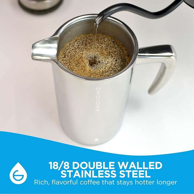 GROSCHE Dublin Double Wall Stainless Steel French Press, 8 Cup, 34 oz | Fine-Mesh Filter Reduces Grit, Insulated Body Retains Heat, Dishwasher-Safe Parts Simplify Cleanup for Daily Hot or Cold Brew