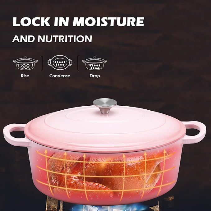 7 Quart Oval Dutch Oven with Lid, Leonyo 7QT Enameled Oval Cast Iron Dutch Oven for Sourdough Bread Breaking, Heavy Duty Cookware for Braising, Stews, Roasting, Pink