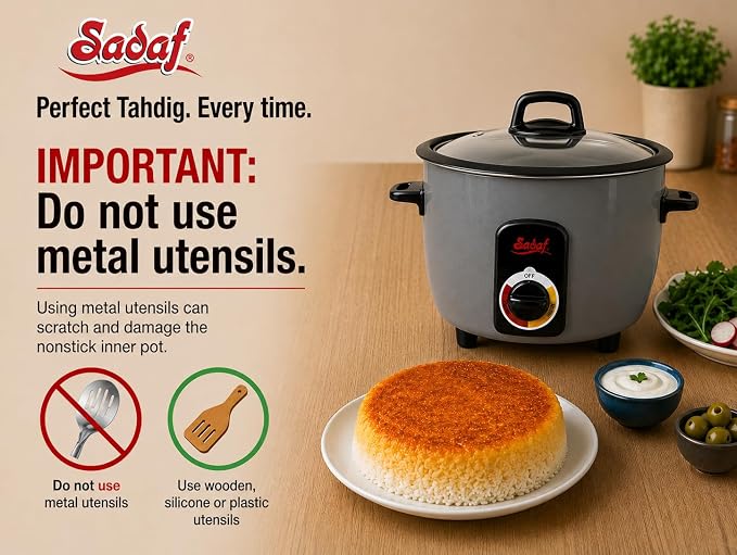 Sadaf One-Touch Automatic Rice Cooker – Electric Persian Rice & Tahdig Cooker - Non-Stick Inner Pot & Auto Shut-Off - Easy to Use Rice Maker - Middle Eastern Cuisine - 15 Cups