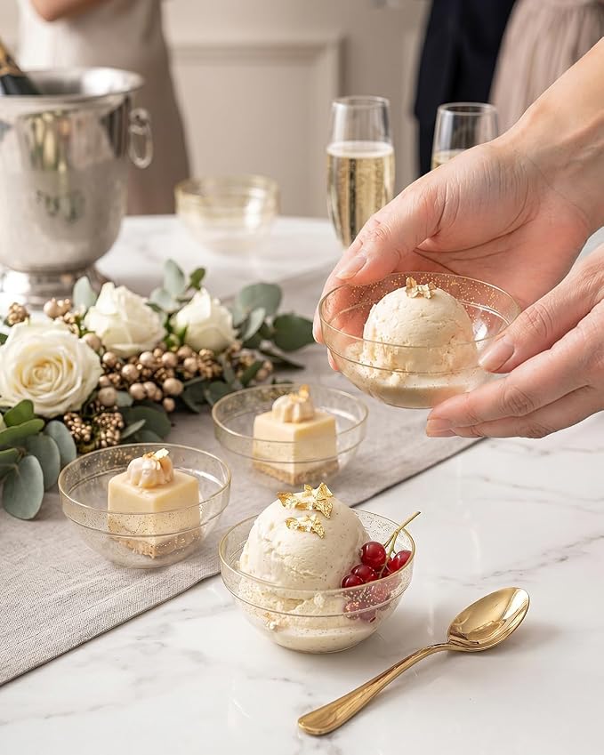 bUCLA 50 Pack Plastic Prep Bowl Sets, 6oz Gold Glitter Small Pinch Bowls | Small Bowls for Salt, Spices, Chopped Ingredients, Dipping Sauces, Ice Cream Toppings, Pudding