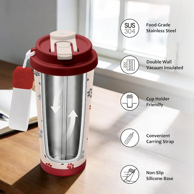 Cute Dog Gifts Stainless Steel 2-in-1 Lid Coffee Tumbler 19 oz Dog Paw Print Insulated Travel Coffee Mug Dogs Lovers Gifts for Women Birthday Christmas