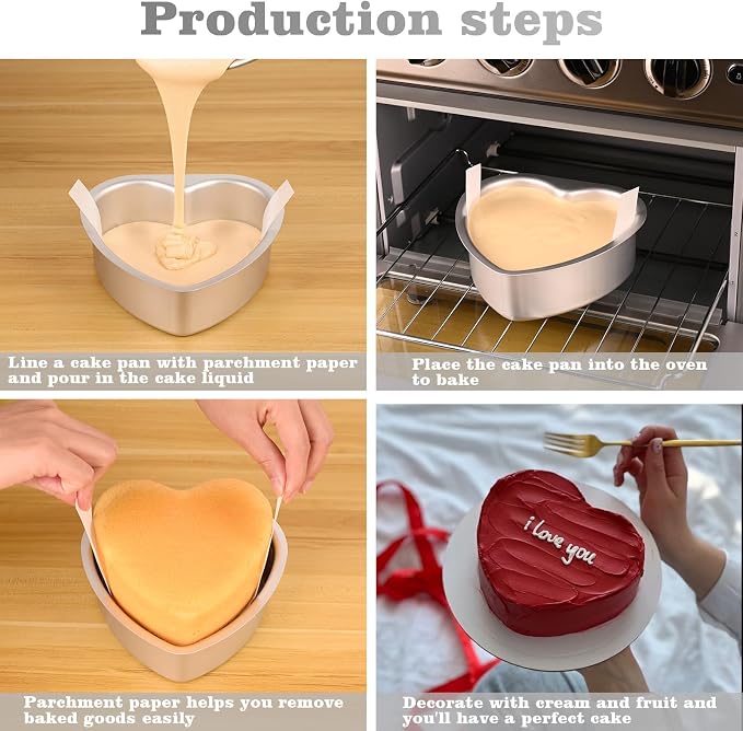 HUAKENER 6 Inch Heart Cake Pan, Non-stick Aluminum Heart Cake Pan | 2 Pack Heart Shaped Cake Pans with 60 Pieces Parchment Paper, Non-stick Cake Baking Pans for Kitchen Birthday Wedding
