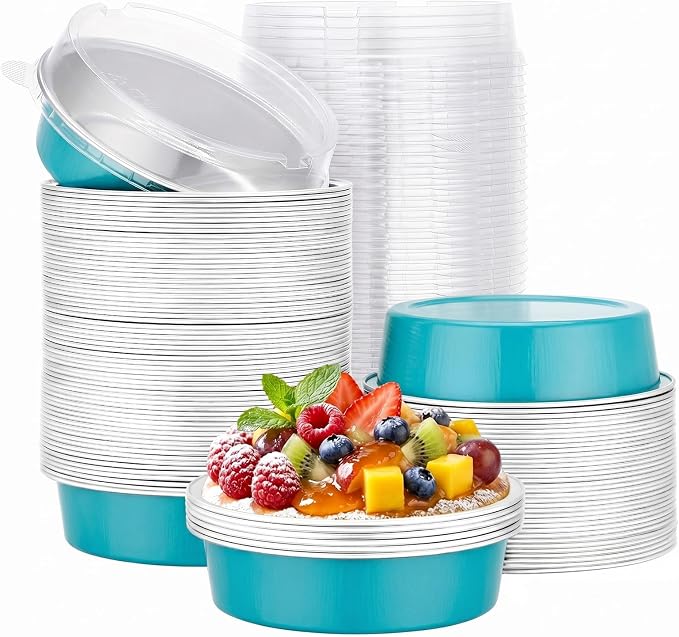 Beasea Aluminum Cupcake Pans With Lids 100 Pack, 7.3oz Disposable Baking Cups, 215ml Aluminum Foil Pie Tart Pans Tins Round Mini Oven Dish For Cake Tart Quiche Individual Dessert - Blue Green