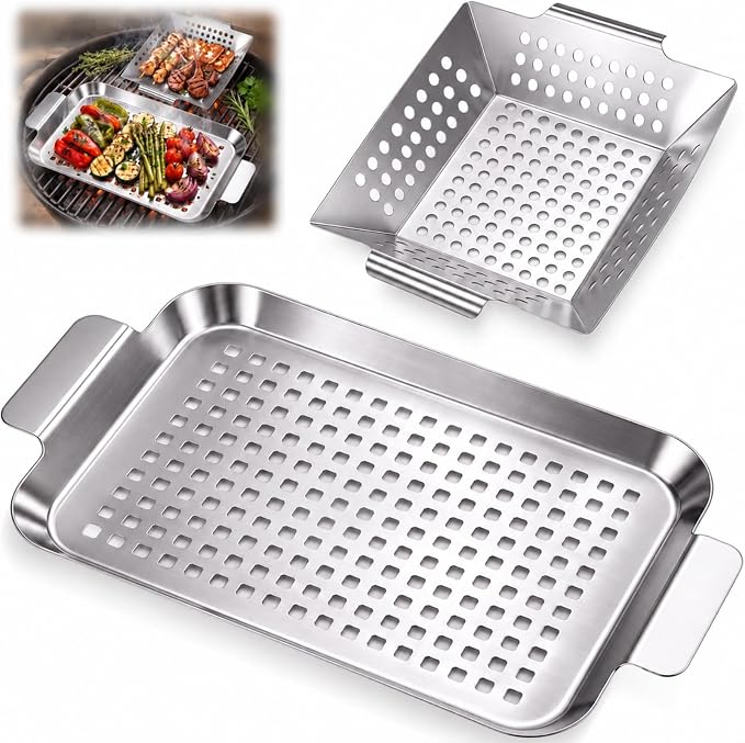 2 Pack Grilling Accessories Outdoor Grill Topper Vegetables Grill Baskets for BBQ, Grilling Pans Trays Griller Baskets with Holes and Handles, Carbon Steel