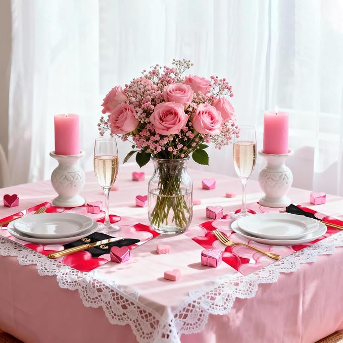Cute Cat Themed Valentine's Day Paper Placemats, 50 Pcs Disposable Love Heart Table Mats for Couples Dinner, Holiday Party Table Decor