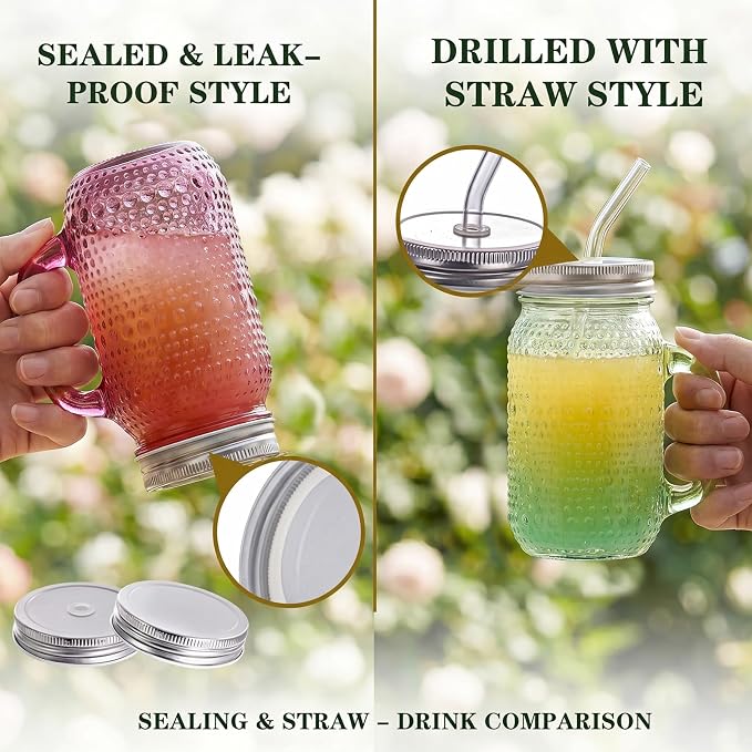 DaYammi 6 Pack 24oz Hobnail Mason Jars Cups Drinking Glass Cups with Lids & Straws, Colorful Wide Mouth Mason Jars Cups with Handle, Tumblers for Coffee Smoothies, Iced Tea, Juice, Beer, Cocktail