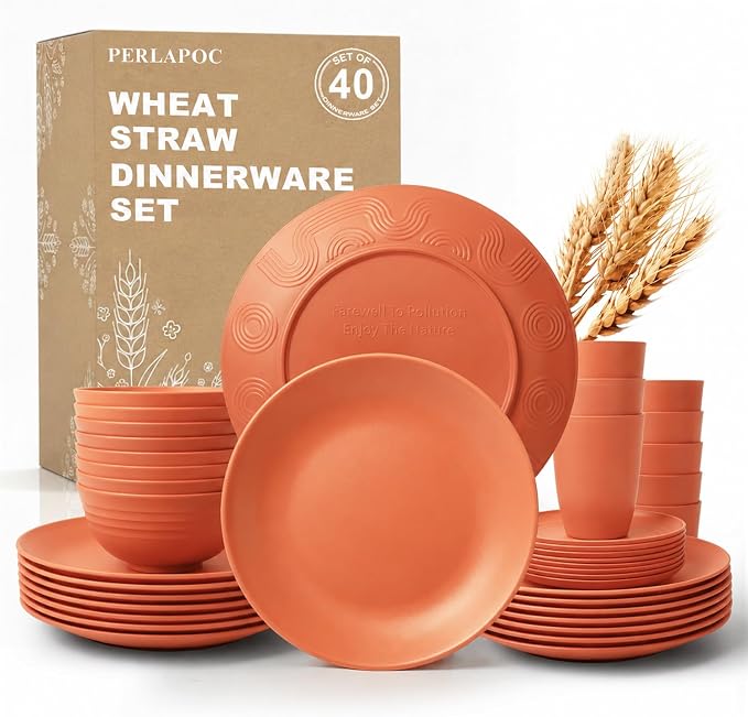 Wheat Straw Dinnerware Sets for 8, 40 Piece Unbreakable Dinnerware Set, Plates and Bowls Sets, Kitchen Plates and Bowls Set, Lightweight Dish Set for Home, Camping, and Everyday Use- Orange