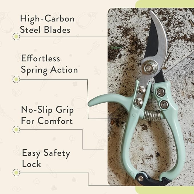 Modern Sprout Bypass Hand Pruners - Scissors - Gardening Tools - Chartreuse | Lightweight Pruning Tool W/ Easy-Lock - Sharp Bypass Carbon Steel Blade - Rust-Resistant - Reusable Holster for Storage