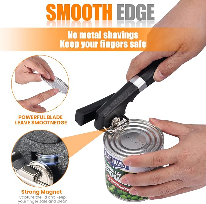 2 in 1 Safety Can Opener Manual Smooth Edge & Bottle Opener, No-Trouble-Lid-Lift Manual Can Opener with Magnet, Large Rubber Handle & Stainless Steel Blade, Side Cut Hand Can Opener for Kitchen