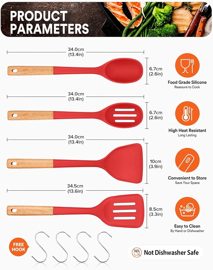 Silicone Cooking Utensils Set, Safe for Nonstick Cookwares, Red | Perfectly Angled for Frying, Mixing,Serving,Draining,Turning and Stirring, BPA-Free Matte Silicone, Wood Handles,4 Pack