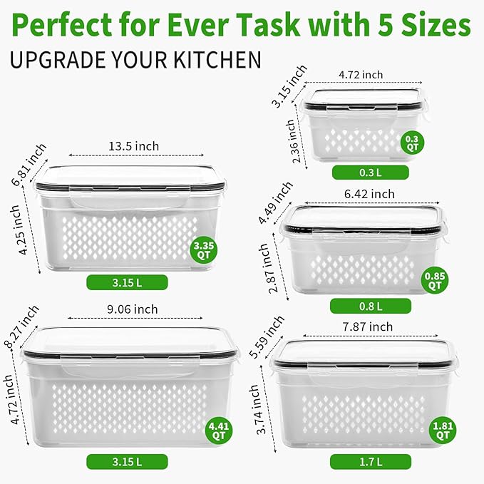 PRAKI Fruit Storage Containers for Fridge with Removable Colander, 5-Pack | 4 in 1 Food Storage Containers, Produce Saver for Refrigerator Keep Fruits, Berry Fresh Longer, Multiple Sizes, BPA-Free