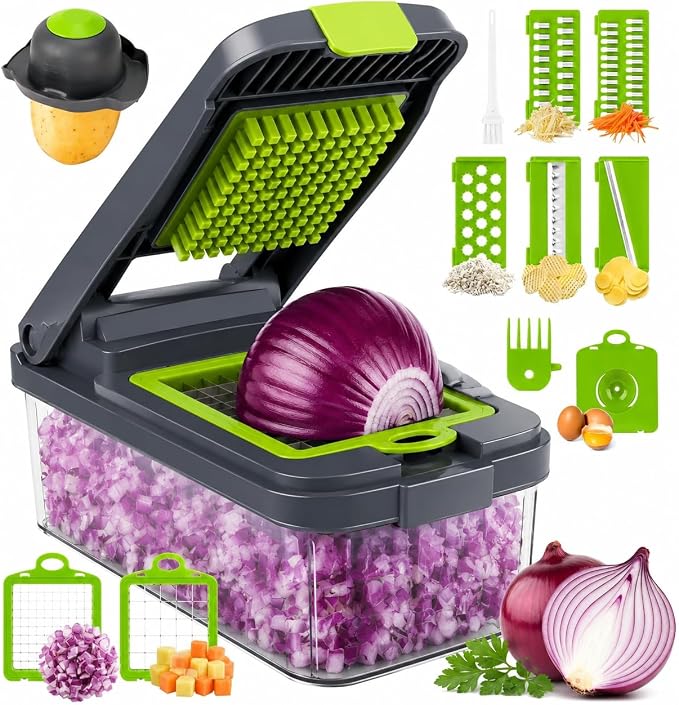 Vegetable Chopper 12-in-1 Multifunctional Food Chopper with 7 Blades, Veggie, Food, Onion Chopper, Cucumber Slicer, Versatile Mandoline, Includes Egg Separator & Finger Guard