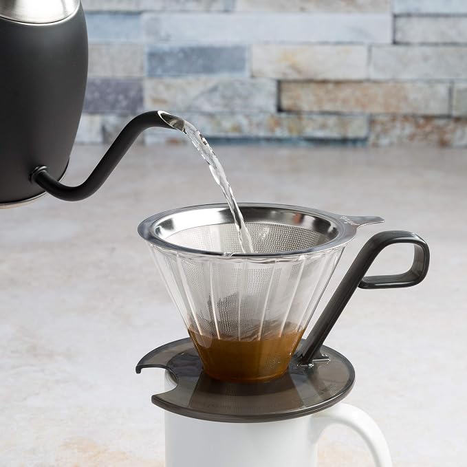 Primula Seneca Pour Over Coffee Maker Removable Ultra Fine Micro Mesh Stainless Steel Filter, 4.8 x 4.8 x 4.8 inches, Black