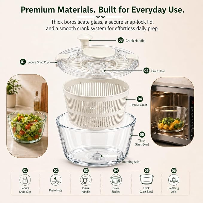 Large 5.2 Qt Glass Salad Spinner with Drain, Off-White | Microwave- and Dishwasher-Safe Glass Bowl, Transparent Lid, Crank Handle, Quick-Spin Salad Cleaner for Lettuce, Herbs Fruit