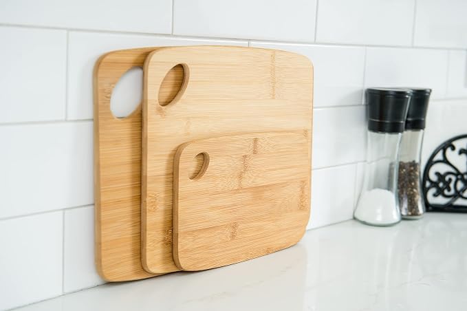 Lipper International 839 Bamboo Wood Thin Cutting Board with Oval Hole in Corner, Assorted Sizes, Set of 3