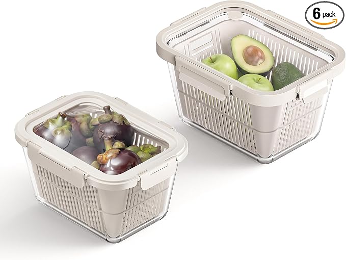 2 Pack Large Glass Produce Containers for Fridge with Colanders | 142oz Borosilicate Glass Produce Containers, Airtight Food Storage with 81 oz Glass Lid & 61 oz Silicone Lid, BPA Free